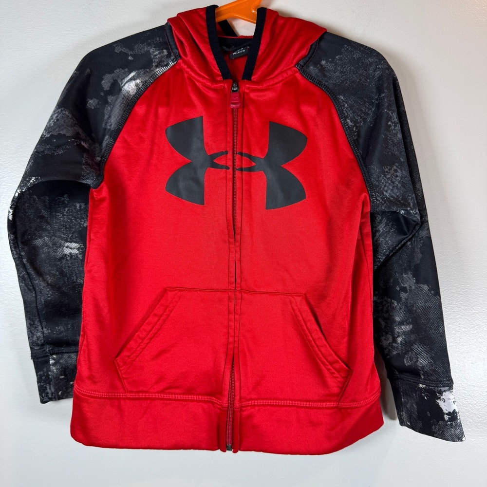 Under Armour Boys 5 Camo Hoodie Red Black Full Zip Athletic Jacket Fleece Linned